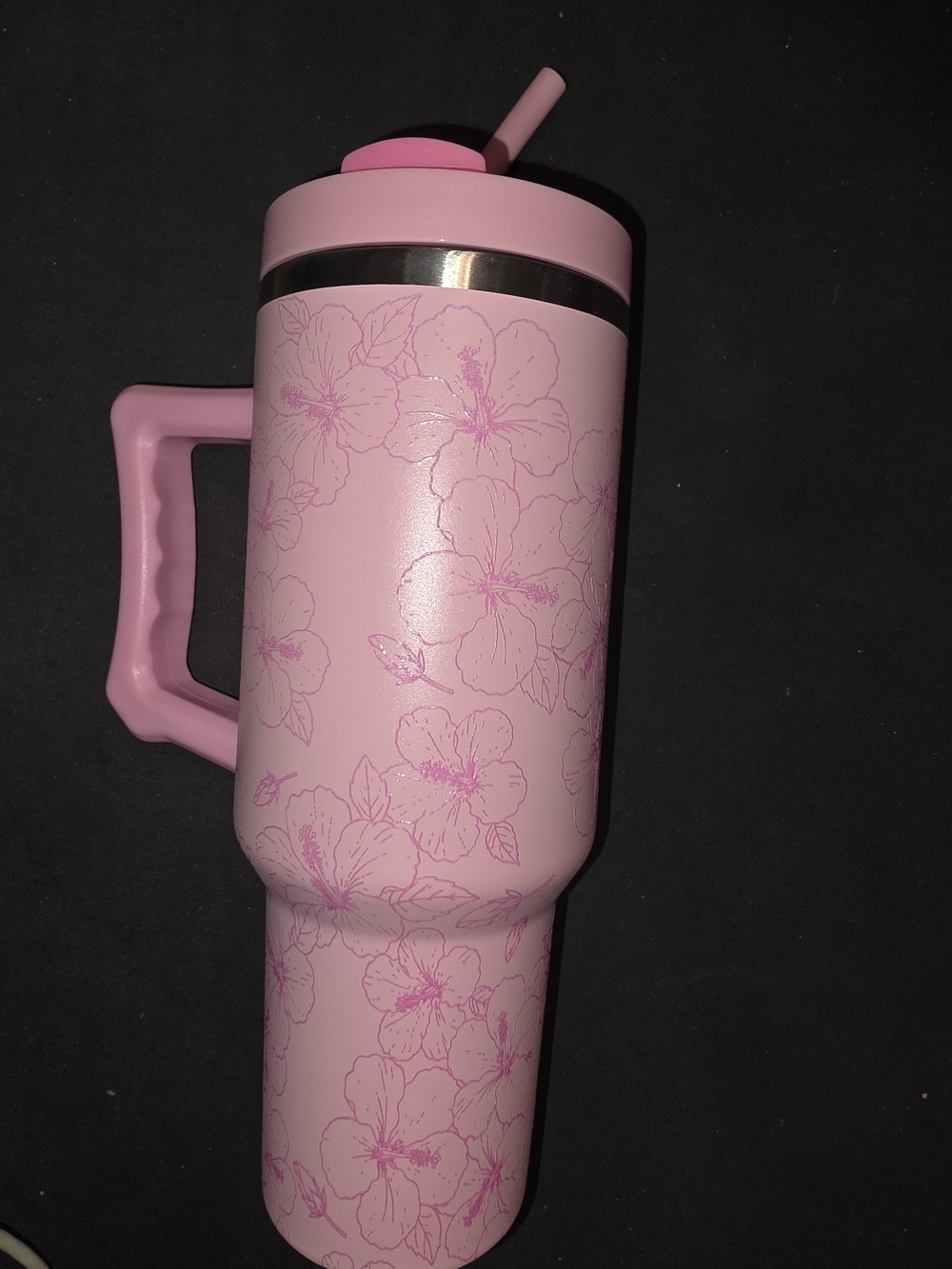 Pink Floral Insulated Travel Tumbler with Handle and Straw
